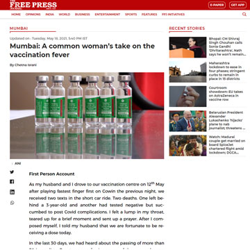 The Free Press Journal - Mumbai: A common woman’s take on the vaccination fever - Chetna Israni